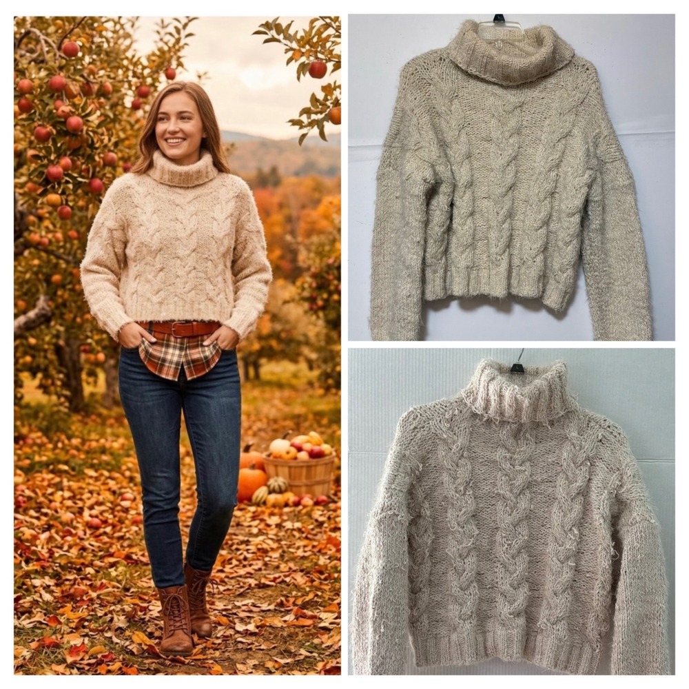 Pol Fuzzy Cream Cable Knit Cowlneck Sweater Chunky Cropped L